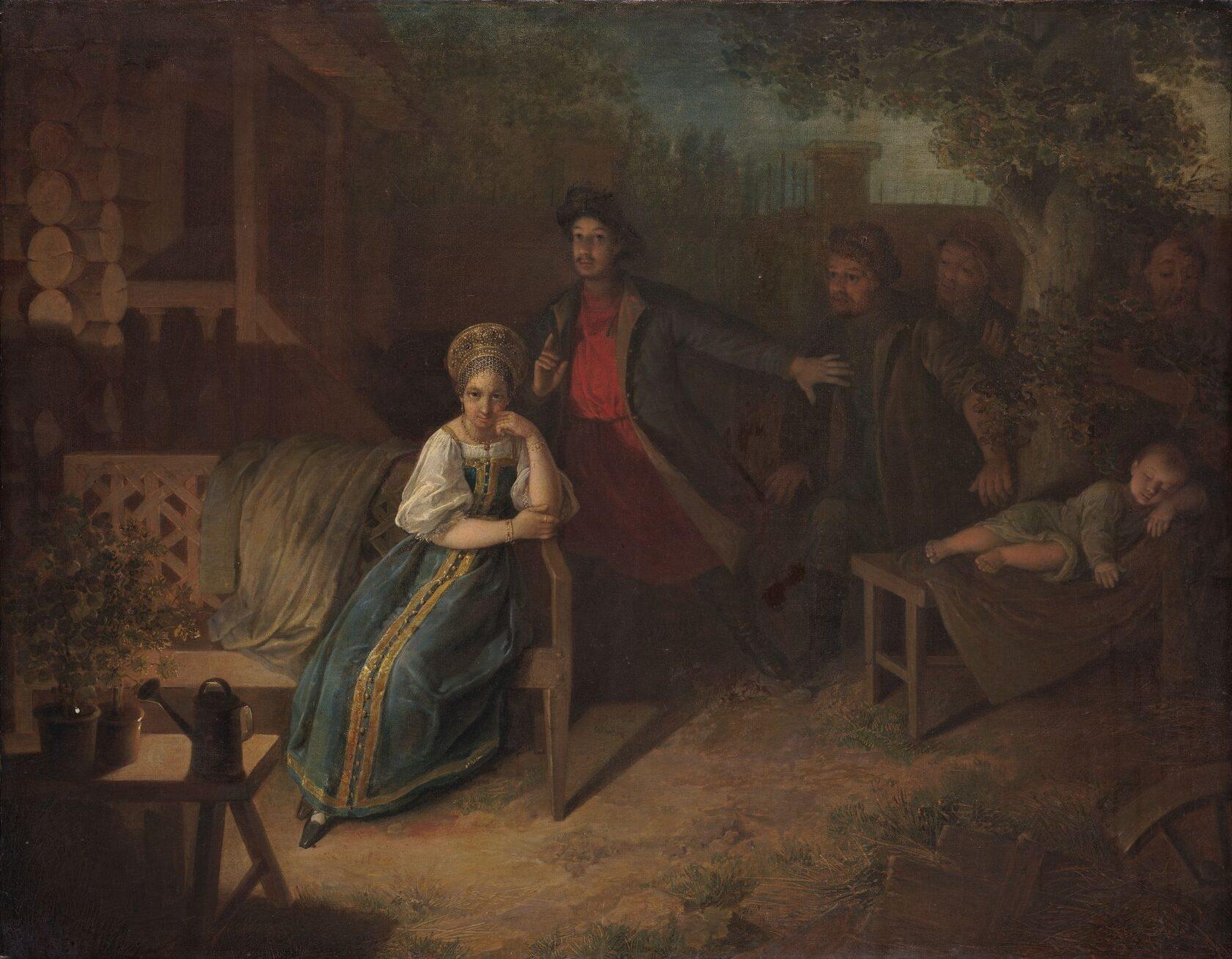 Картина в традиционном русском стиле, изображающая сцену из жизни